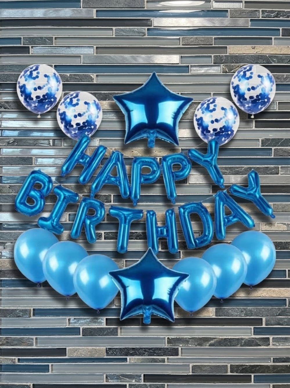 25 Pcs Blue Happy Birthday Balloon Set Foil Stars Confetti Latex Party Decor